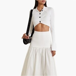 NEW A.L.C. Ashlyn Cropped Gathered Bust Ribbed Knit Top Stretch White Flared Lg